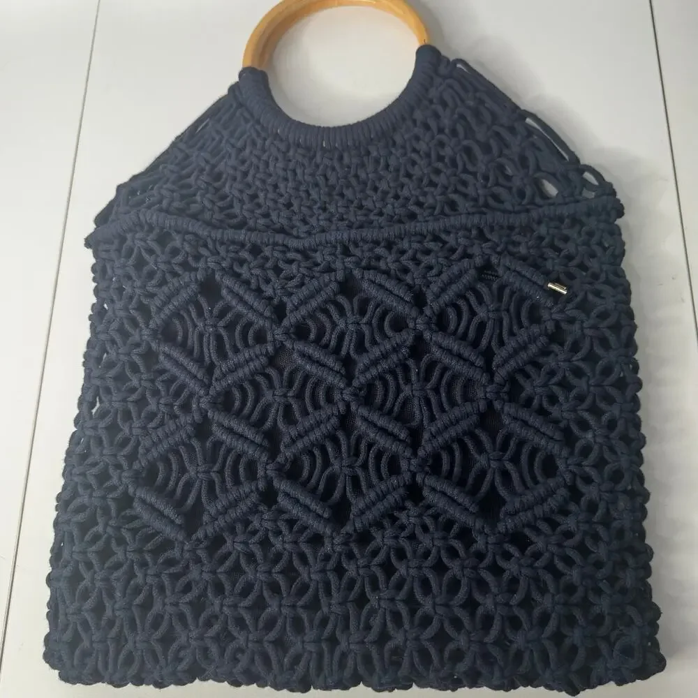 Cottage Boho Style Macrame Bag Purse Wooden Handle Navy
